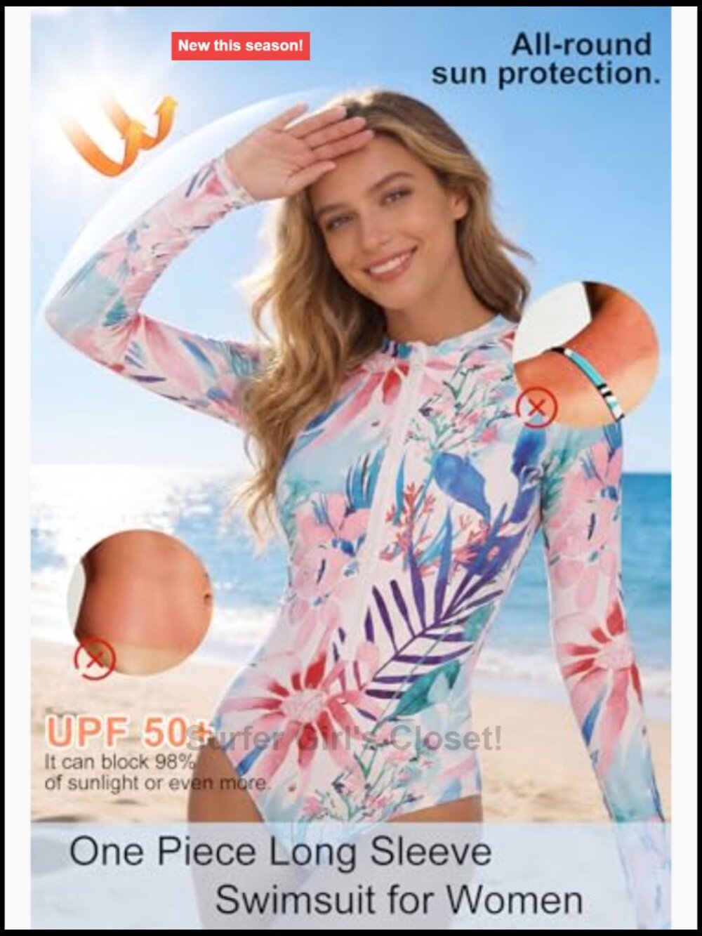 Long Sleeve UPF 50+ One Piece Rash Guard Swimsuit with Detachable Pads - Picture 3 of 7